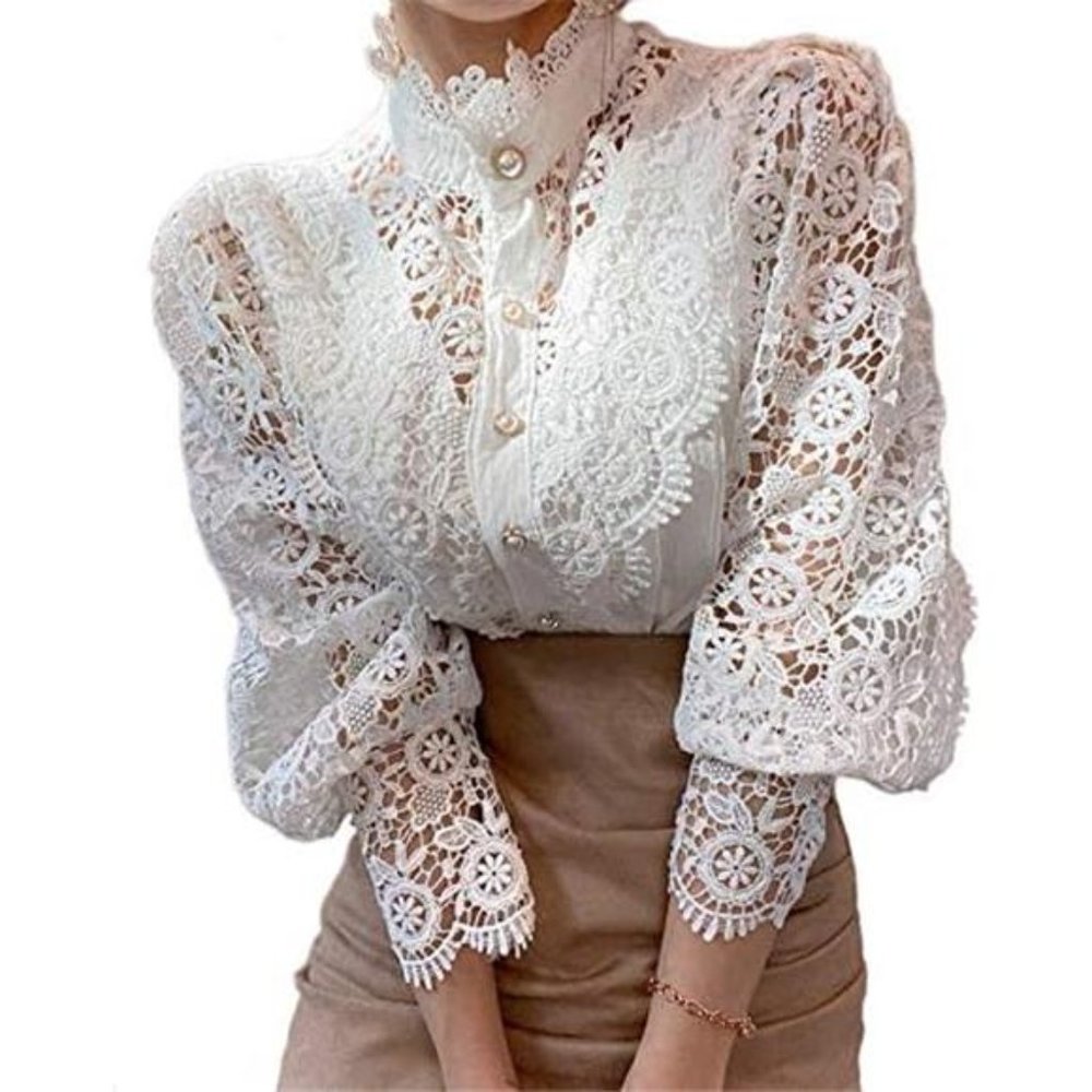 Women’s Elegant Lace Trim Shirts White